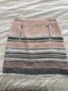 LOFT Pink, White and Black Striped Knit Pencil Skirt